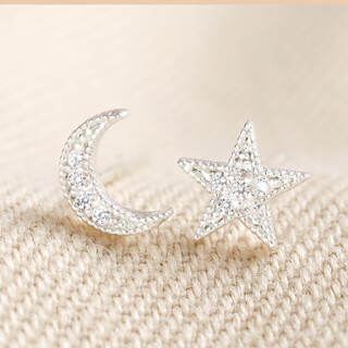 Moon and Star Crystal Stud Earrings in Silver