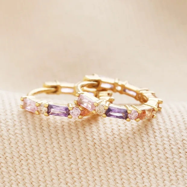 Pastel Baguette Crystal Huggie Hoop Earrings in Gold Pastel Baguette Crystal Huggie Hoop Earrings in Gold