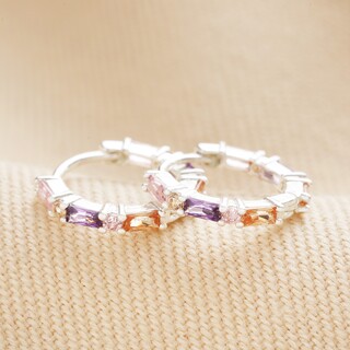 Pastel Baguette Crystal Huggie Hoop Earrings in Silver