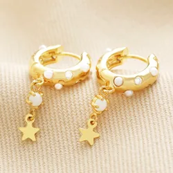 Pearl and Crystal Star Charm Huggie Hoop Earrings in Gold