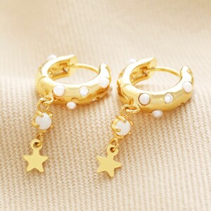 Pearl Shell Star Charm Huggies with Pearl and Crystals in Gold