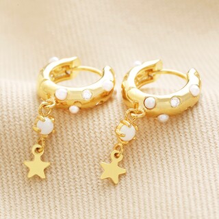 Pearl and Crystal Star Charm Huggie Hoop Earrings in Gold