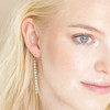 Thread Through Crystal and Pearl Chain Earrings in Gold on Model Looking to the Side