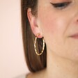 Close Up of White Enamel Twisted Hoop Earrings in Gold on Model