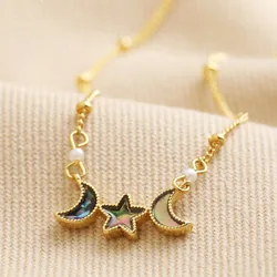 Shell Moon and Star Pendant Necklace in Gold