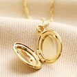 Oval Locket Necklace in Gold open showing inside on beige coloured material