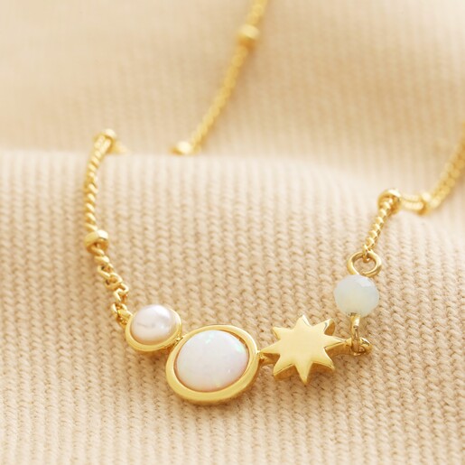 Pearl and Crystal Moon and Stars Necklace in Gold