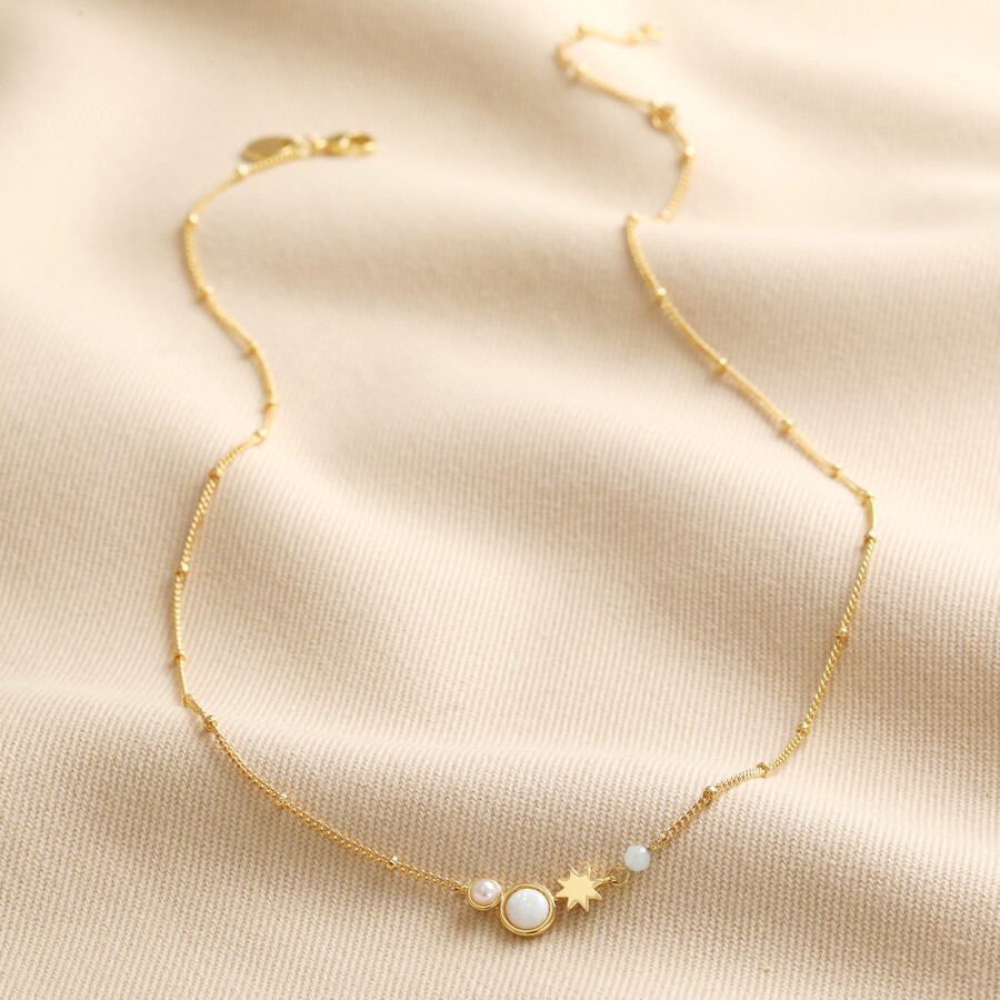 Pearl And Crystal Moon And Stars Necklace In Gold Lisa Angel