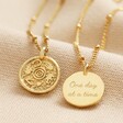 Personalised Talisman Satellite Chain Pendant Necklace in Gold with front and back side of pendant showing against neutral coloured fabric