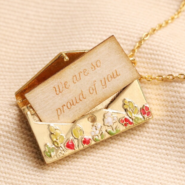 Personalised Wildflower Envelope Locket Pendant Necklace in Gold Personalised Wildflower Envelope Locket Pendant Necklace in Gold
