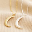 Crescent Moon Pendant Necklace in Silver with gold version on top of beige coloured fabric