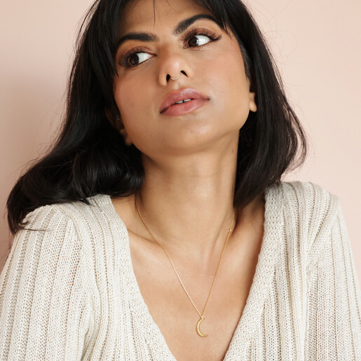Model Wearing Crescent Moon Pendant Necklace in Gold