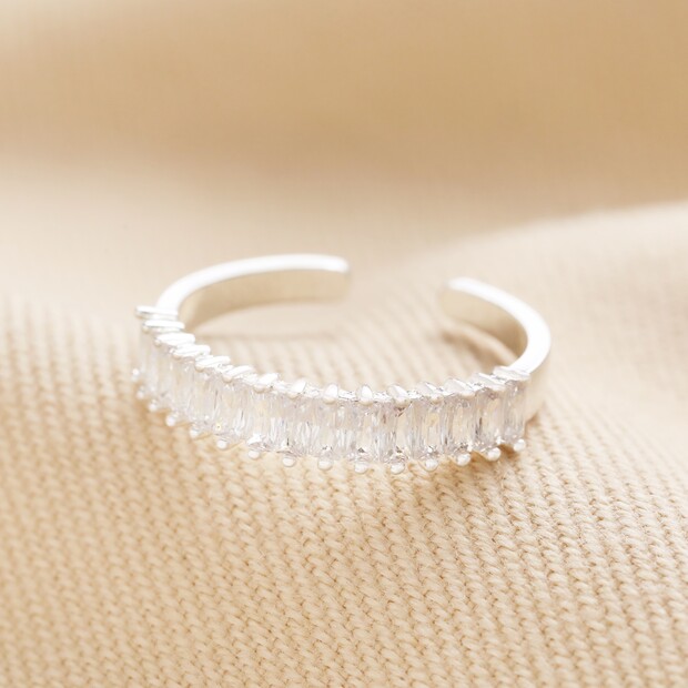 Adjustable Clear Baguette Crystal Band Ring in Silver