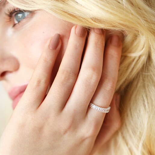 Adjustable Clear Baguette Crystal Band Ring in Silver on model with hand on face
