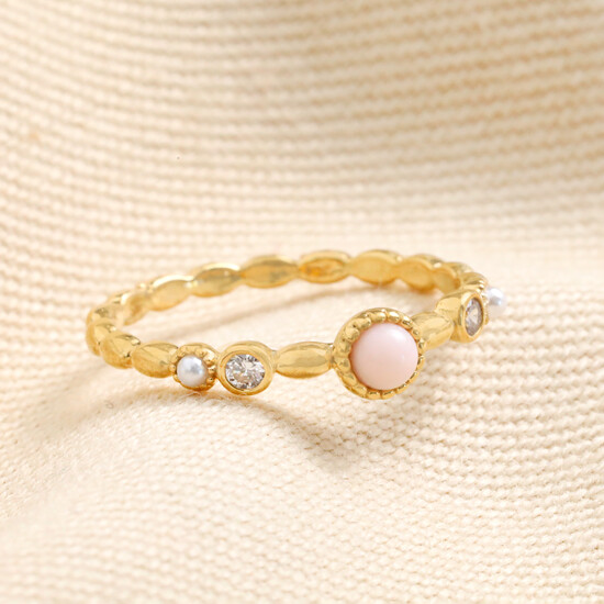 Dainty Rose Quartz and Crystal Ring in Gold - S/M