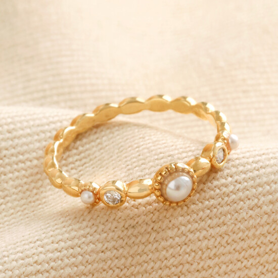 Dainty Pearl and Crystal Ring in Gold