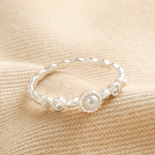 Dainty Pearl and Crystal Ring in Silver