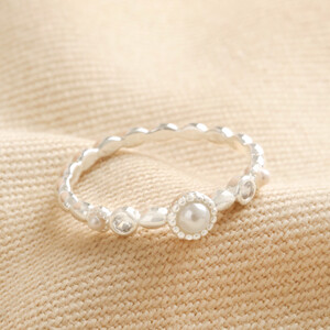 Dainty Pearl and Crystal Ring in Silver - L/XL