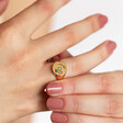 Model wearing Personalised Multicoloured Crystal Daisy Signet Ring in Gold on pinky ring