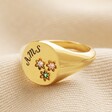 Personalised Multicoloured Crystal Daisy Signet Ring in Gold with AMS personalisation on neutral coloured material