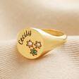 Personalised Multicoloured Crystal Daisy Signet Ring in Gold on beige coloured material
