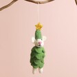 Afroart Felt Christmas Tree Mouse Hanging Decoration Hanging From Branch Against Pink Background 