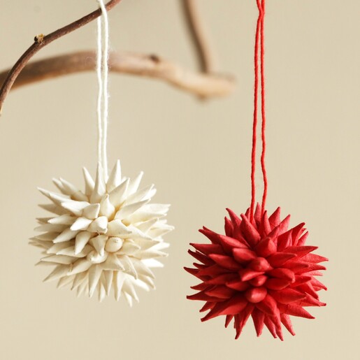Afroart Set of 6 Red Kotte Hanging Decoration with white version on tree branch