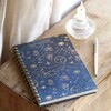 Blue Starry Night Lined Notebook on top of wooden surface with pencil to the side