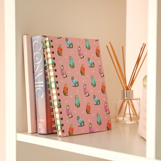 Cat Personalised Initials Pet Print Notebook in lifestyle shot on top of shelf