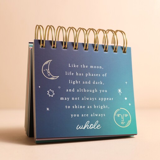 Celestial Positivity Flip Chart open on inside page of Celestial Positivity Flip Chart against beige backdrop