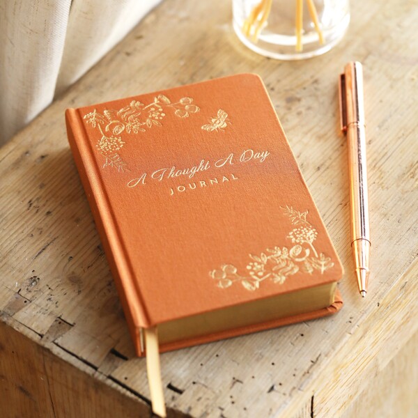 Orange Five Year Thought a Day Journal on top of wooden counter 