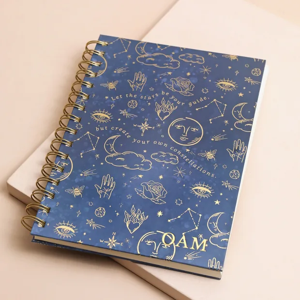 Personalised Initials Blue Starry Night Lined Notebook Personalised Initials Blue Starry Night Lined Notebook on top of beige backdrop