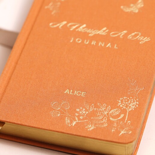 Close up of personalisation on Personalised Orange Five Year Thought a Day Journal