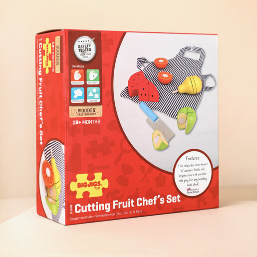 Personalised Cutting Fruit Chef Set Game in box against neutral background