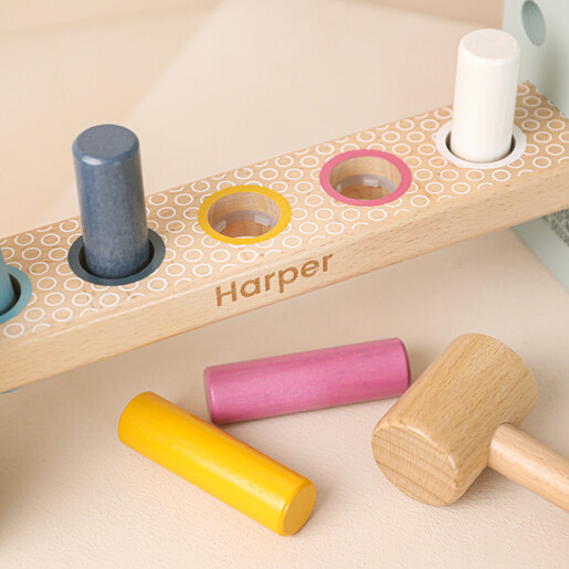 Close up of personalisation on Personalised Hammer Bench Game