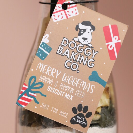 Label tied to neck of Doggy Baking Co. Banana and Pumpkin Seed Biscuit Mix bottle