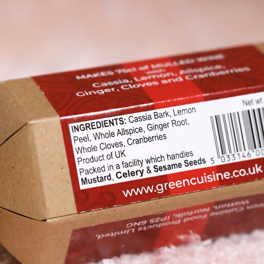 Ingredients Ingredients on back of Green Cuisine Mulled Wine Christmas Cracker packaging
