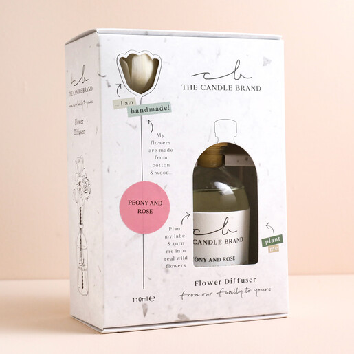 The Candle Brand Peony and Rose Flower Diffuser front of box against pink backdrop