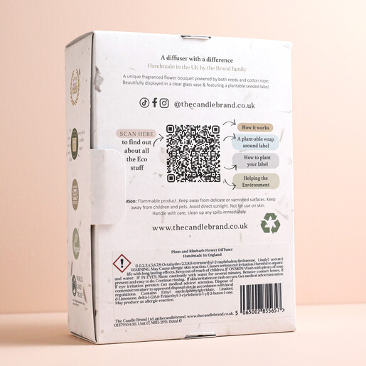 The Candle Brand Plum and Rhubarb Flower Diffuser back of box on neutral backdrop