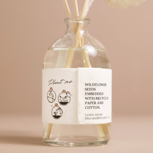 Close Up of the Bottle Label of The Candle Brand Ylang Ylang and Sandalwood Diffuser