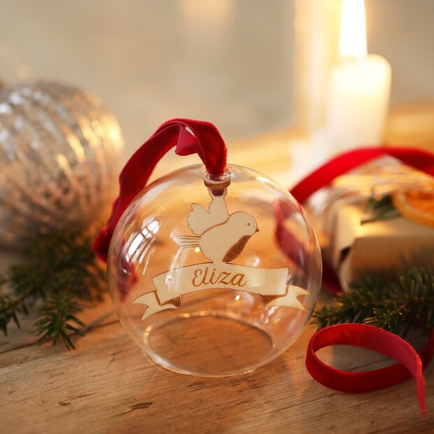 Personalised Winter Robin Glass Dome Bauble Personalised Winter Robin Glass Dome Bauble