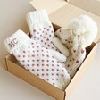 Personalised White and Pink Knitted Bobble Hat and Mittens Set in packaging