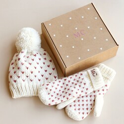 Personalised White and Pink Knitted Bobble Hat and Mittens Set