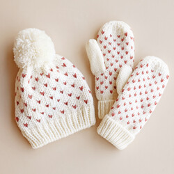 White and Pink Knitted Bobble Hat and Mittens Set