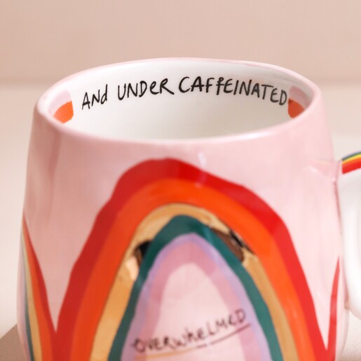 Close Up of Writing on House of Disaster Overwhelmed Rainbow Mug 