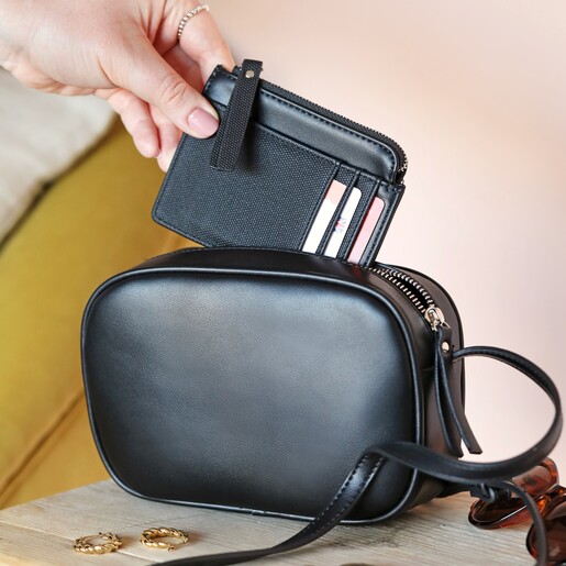 Model Using Vegan Leather Card Holder in Black 