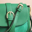 Close Up of the Front of Green Vegan Leather Crossbody Handbag