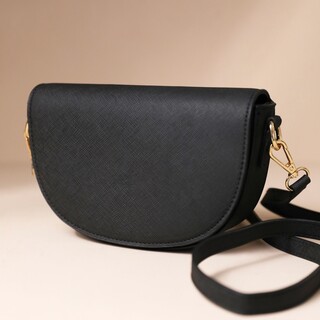 Vegan Leather Half Moon Crossbody Bag in Black