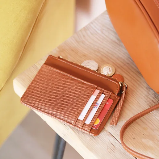 Vegan Leather Card Holder in Tan in Lifestyle Shot
