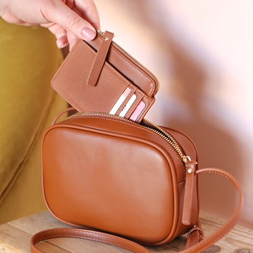 Model Using Vegan Leather Card Holder in Tan